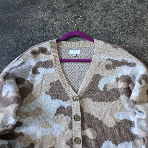 Lucky Brand Sweater Womens XL Tan Camo Cardigan Button Up Preppy Retro Y2K - Picture 2 of 8